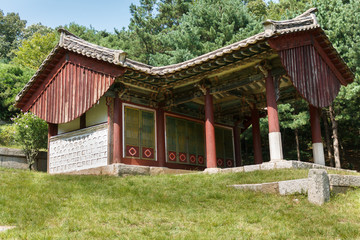 Red desks house near the Tomb of King Kongmin, a 14th-century mausoleum located in Haeson-ri, Kaepung County, outside of the city of Kaesong, North Korea