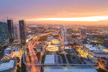 Aerial twilight over Downtown Miami Florida USA