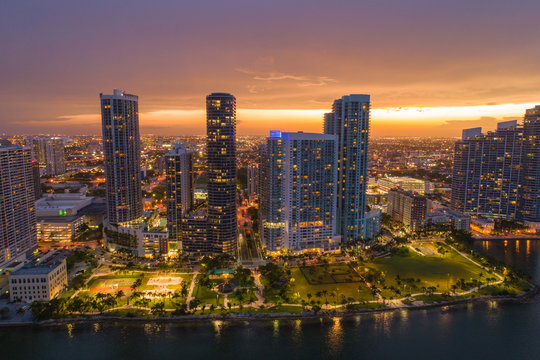 Aerial drone image of Edgewater Miami sunset over city