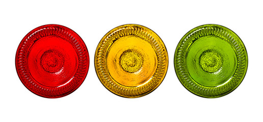 Three bottle bottoms as a traffic light isolatad on white background.