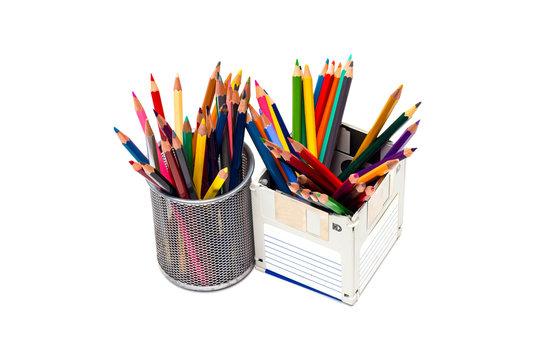 recycle floppy disk, Creative objects used for obsolete furniture. - Developed a color pencil box, concept recycle floppy disk, isolate white background