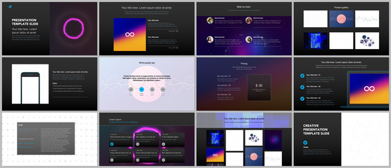 Minimal presentations, portfolio templates with abstract colorful infographics, minimalistic design futuristic vector backgrounds. Presentation slides for flyer, leaflet, brochure cover, report.