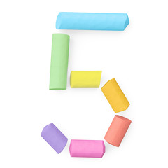 Colored sidewalk or blackboard chalks assembled like mathematical digit 5 on white background, 3D rendered font image