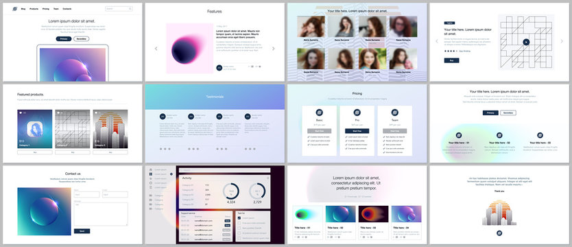 Vector templates for website design, minimal presentations, portfolio with with colorful abstract gradient blurs and geometric backgrounds. UI, UX, GUI. Design of header, dashboard and other forms