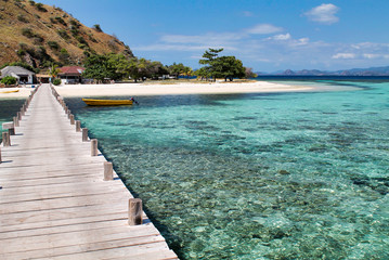 wooden pier and beautiful reef upon arrival in kanawa island