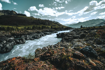 Wide-angle shot of a cliffy contrast mountain riverside overgrown with moss and native grasses,...