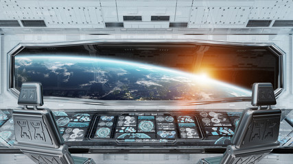 White clean spaceship interior with view on planet Earth 3D rendering © sdecoret