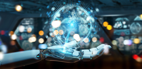 White humanoid hand using globe network hologram with Europe map 3D rendering