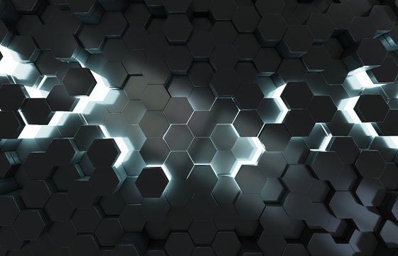Black and blue hexagons background pattern 3D rendering