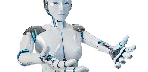 White woman cyborg opening her two hands 3D rendering