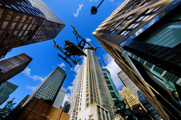 Drone flying over NEW YORK CITY Street sign of Fifth Ave and West 33rd St at sunset in New York City American on warm dramatic filtered look - obrazy, fototapety, plakaty