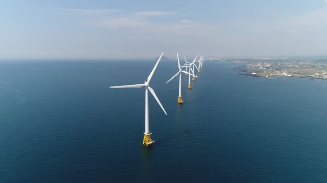 Landscape with offshore wind turbines, Jeju island, South Korea, Asia