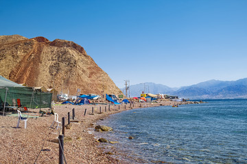 Camping at Coral Beach area of Red Sea coast in Eilat, Israel