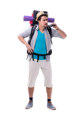 Backpacker with large backpack isolated on white