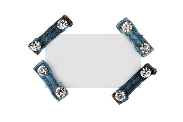 Business card with four straps denim with rhinestones, with space for your text. Isolated