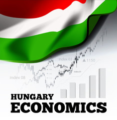 Hungary economics vector illustration with hungarian flag and business chart, bar chart stock numbers bull market, uptrend line graph symbolizes the growth