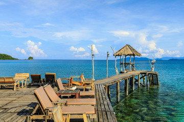 wooden bridge and cottage  on tropical sea  in  Koh Mak island, Trat province,Thailand
