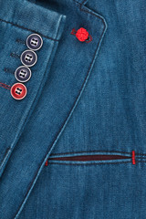 Elegant denim suit. Male jacket with cufflinks and buttons, close-up. Men's fashion.