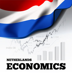 Netherlands economics vector illustration with holland flag and business chart, bar chart stock numbers bull market, uptrend line graph symbolizes the growth