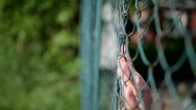 Old Man Hands Kept in the Metal Fence