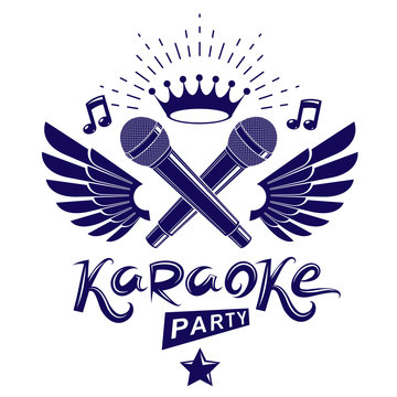 Karaoke party promotion poster design composed using musical notes, 5 pentagonal stars and wings. Rap battle concept, two stage microphones vector illustration.