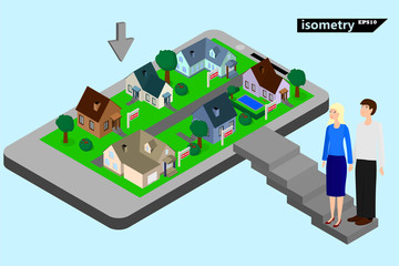 family chooses a house online through the Internet .isometry vector