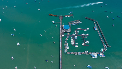 Chalong pier, Phuket Thailand. January 2018.Aerial shot of pier with many speed boats.