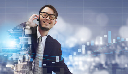 Double exposure businessman using mobile phone.