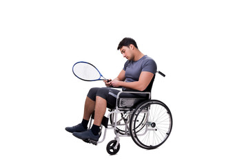 Obraz premium Tennis player recovering from injury on wheelchair