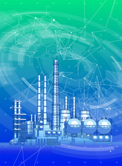 modern chemical manufacturing plant on a green technological background with a stylized digital wave - the concept of modern technology, the new industrial revolution & information technology / vector