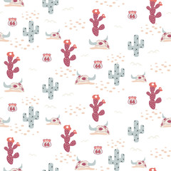 Desert Texas seamless vector pattern with cacti and cow skulls.