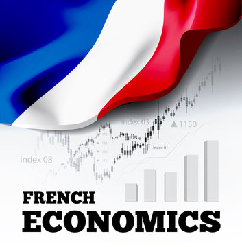 French economics illustration with france flag and business chart, bar chart stock numbers bull market, uptrend line graph symbolizes the growth