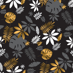 Naklejka na ściany i meble Gold and black vibrant tropical leaves seamless pattern