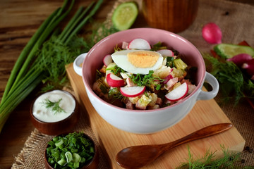 Ingredients for preparing the cold soup okroshka. Russian cuisine traditional meal