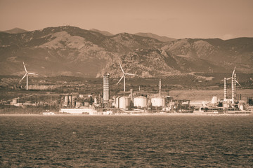 Power plant that produces electricity using wind energy and tidal power.