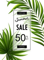 Summer sale banner with tropical leaves for promotion