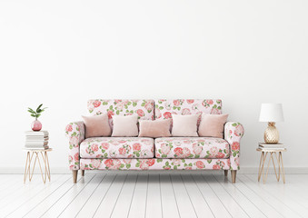 Interior wall mock up with flower pattern sofa, pink pastel pillows, pineapple lamp and plant in vase in living room with empty white wall. 3D rendering.