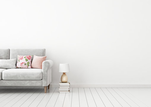 Interior Wall Mock Up With Gray Sofa, Pink Pillows, Pineapple Lamp And Books In Living Room With Empty White Wall. 3D Rendering.