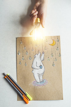 Picture Of Polar Bear With Lamp In Hand. Flat Lay. Portrait View