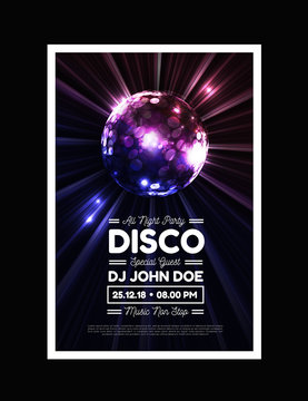 Disco party vector background with rays and disco ball