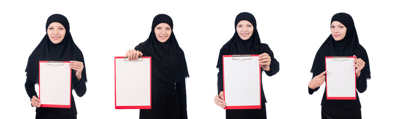 Woman with blank page on white