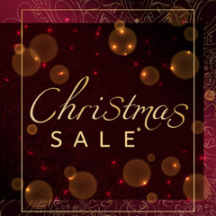 The Christmas sale. Advertising poster for the store. Bokeh and dark red background.