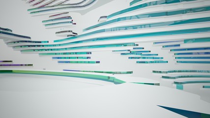 Abstract white and colored gradient glasses interior multilevel public space with window. 3D illustration and rendering.