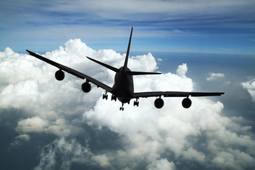 Airplane in the sky. Copy space of business summer vacation and travel adventure concept. Airplane sky and sunshine 