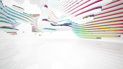 Abstract white and colored gradient glasses interior multilevel public space with window. 3D illustration and rendering.