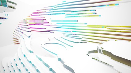 Abstract white and colored gradient glasses interior multilevel public space with window. 3D illustration and rendering.