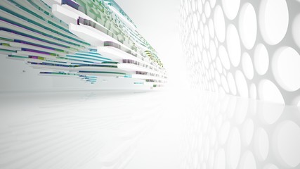 Fototapeta premium Abstract white and colored gradient glasses interior multilevel public space with window. 3D illustration and rendering.
