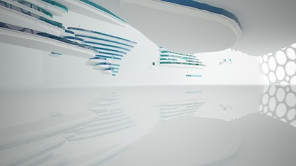 Abstract white and colored gradient glasses interior multilevel public space with window. 3D illustration and rendering.