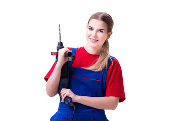 Young woman with power drill isolated on white