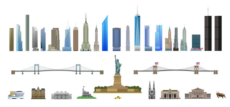 New York City landmarks set, isolated
